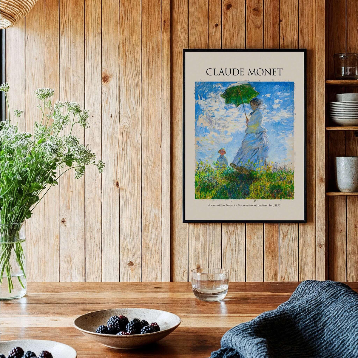 Monet Woman with Parasol Madame Monet Son Impressionist Art Print Poster in a cozy interior setting.