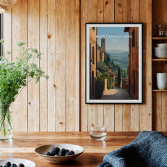 Montepulciano Tuscany Italy Wall Art Print | Italian Hill Town Travel Poster showcased in rustic home decor.