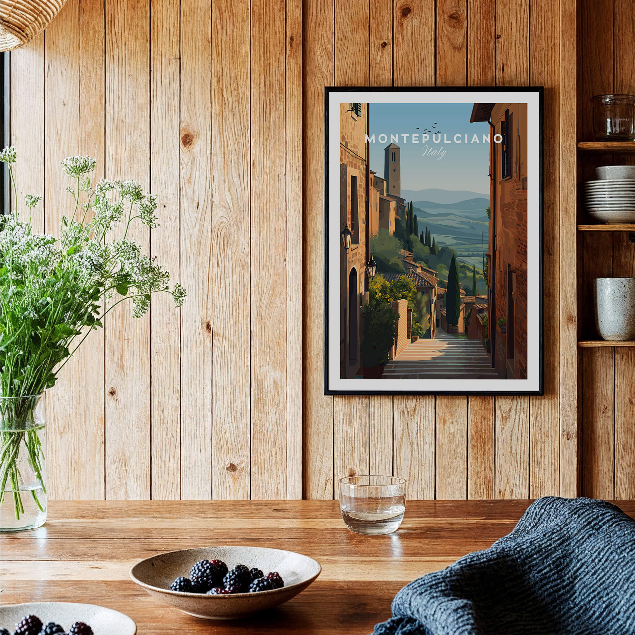 Montepulciano Tuscany Italy Wall Art Print | Italian Hill Town Travel Poster showcased in rustic home decor.