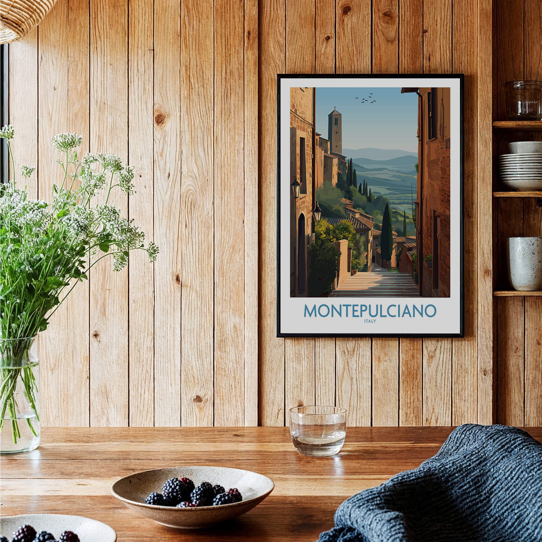 Montepulciano Italy Poster | Tuscany Landscape Vineyard Canvas Print framed in a rustic kitchen with plants.