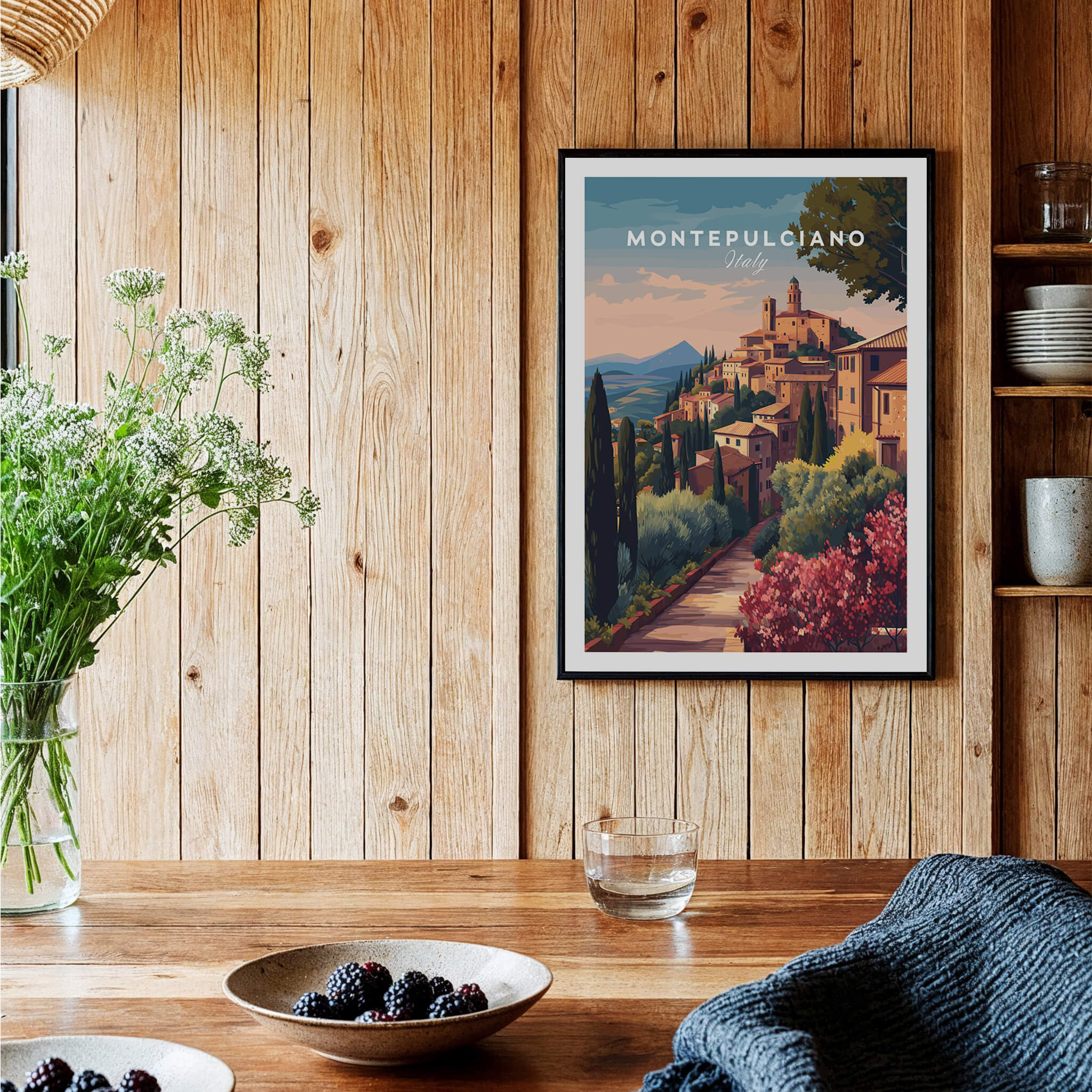 Montepulciano Italy Travel Poster | Tuscan Sunset Wall Art Print showcasing the serene beauty of rustic Tuscan architecture.