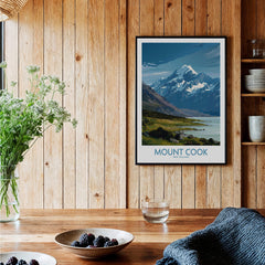 Mount Cook New Zealand Poster | Southern Alps Mountain Canvas Print displayed on a wooden wall with floral decor.