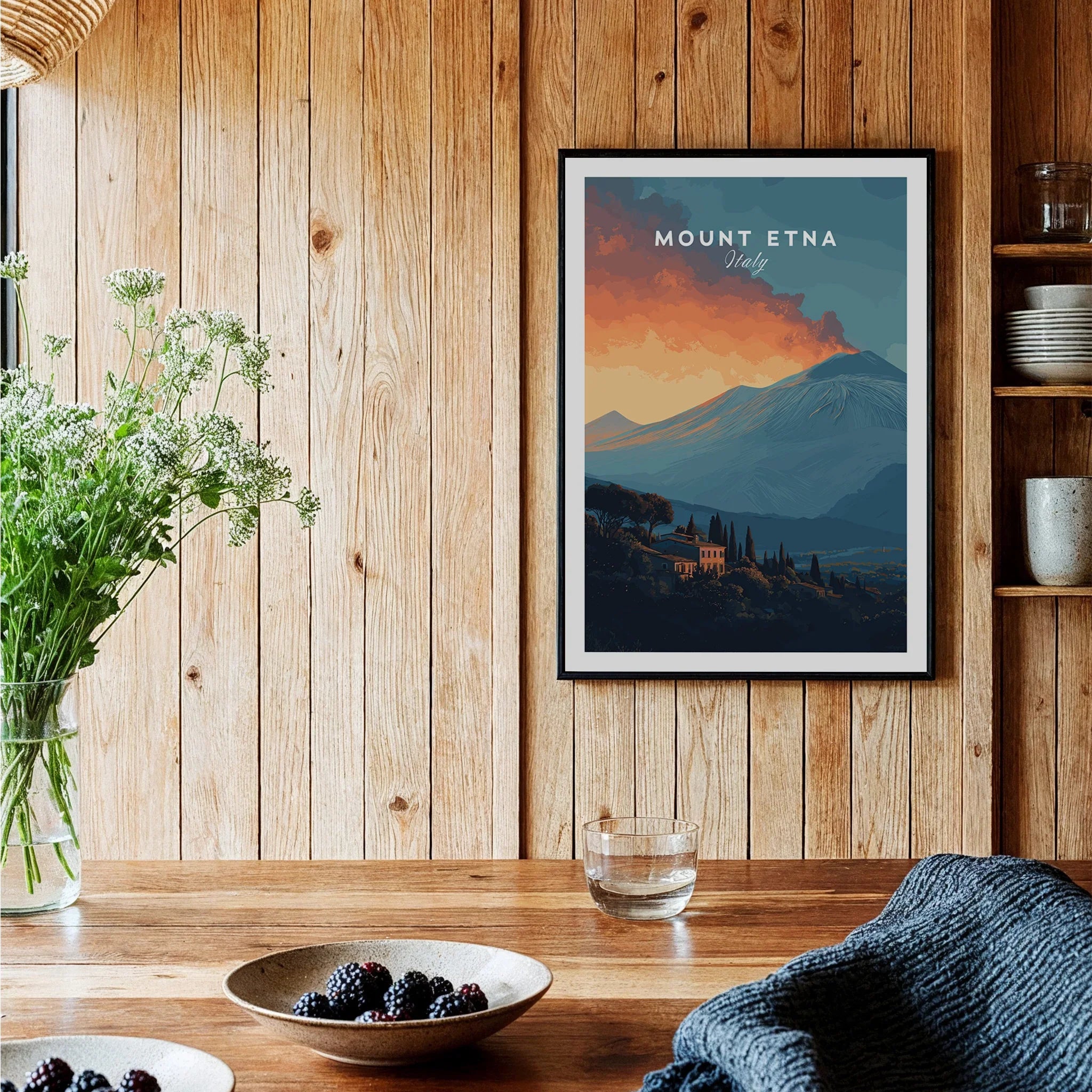 Mount Etna travel poster art print in black frame on wooden kitchen wall, modern home decor