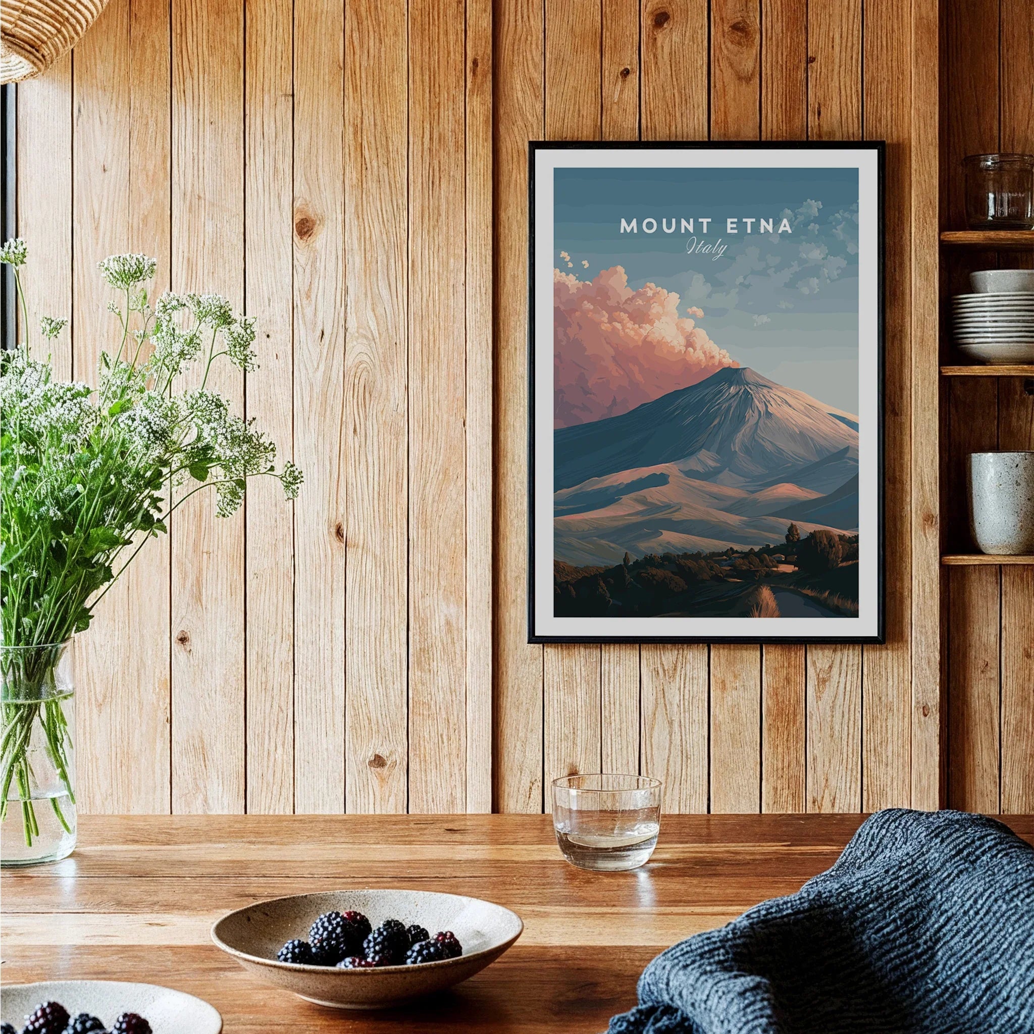 Framed Mount Etna travel poster on wood kitchen wall with rustic decor