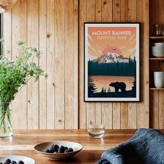 Mount Rainier National Park art print with bear silhouette in rustic kitchen setting