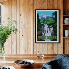 Mount Rainier National Park art print with waterfall in kitchen decor setting