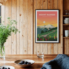 Mount Rainier National Park art print in black frame on rustic wood kitchen wall