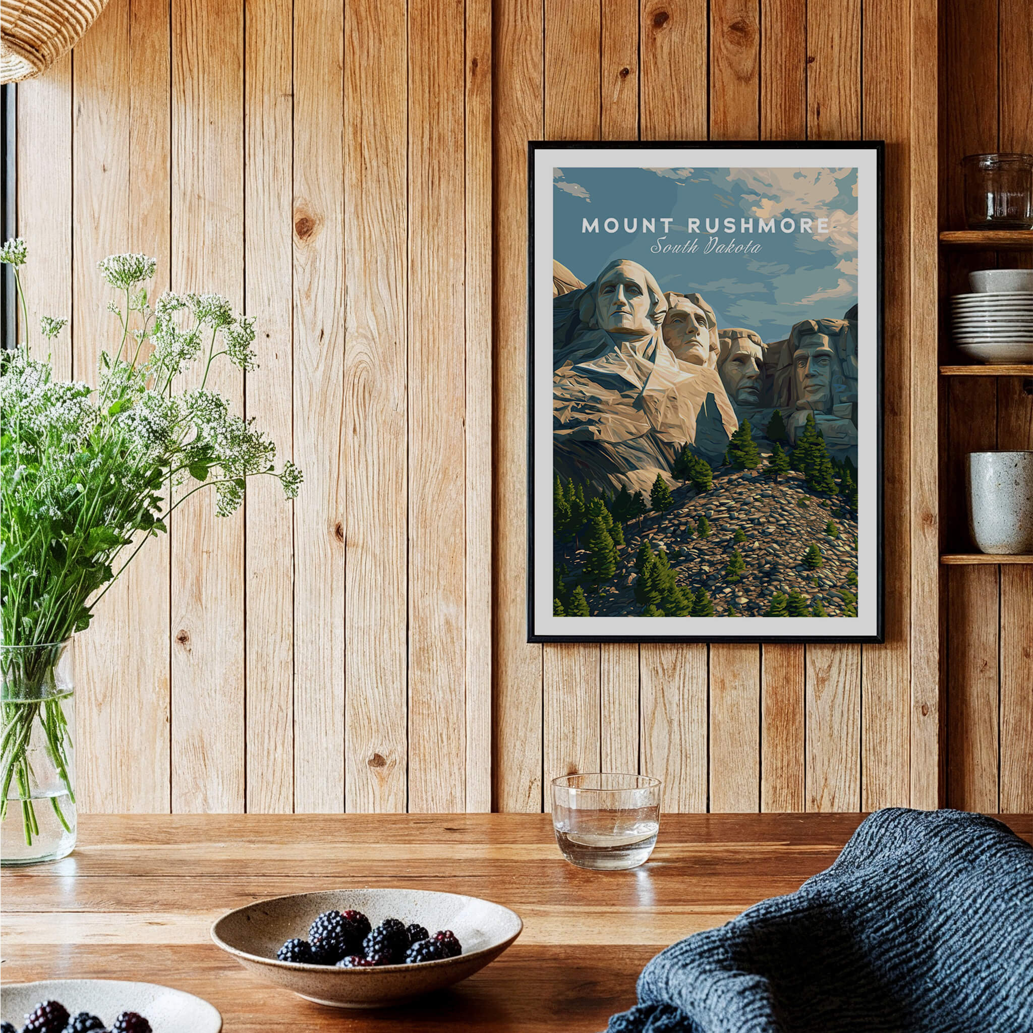 Mount Rushmore Wall Art Print | American Landmark Travel Poster displayed in a cozy wood-paneled setting.