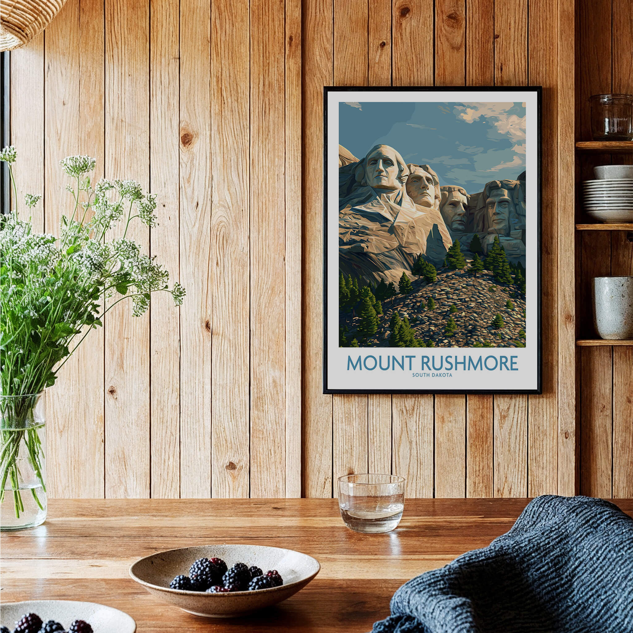 Mount Rushmore Poster | Black Hills National Memorial Canvas Print displayed in a rustic interior with wooden walls.