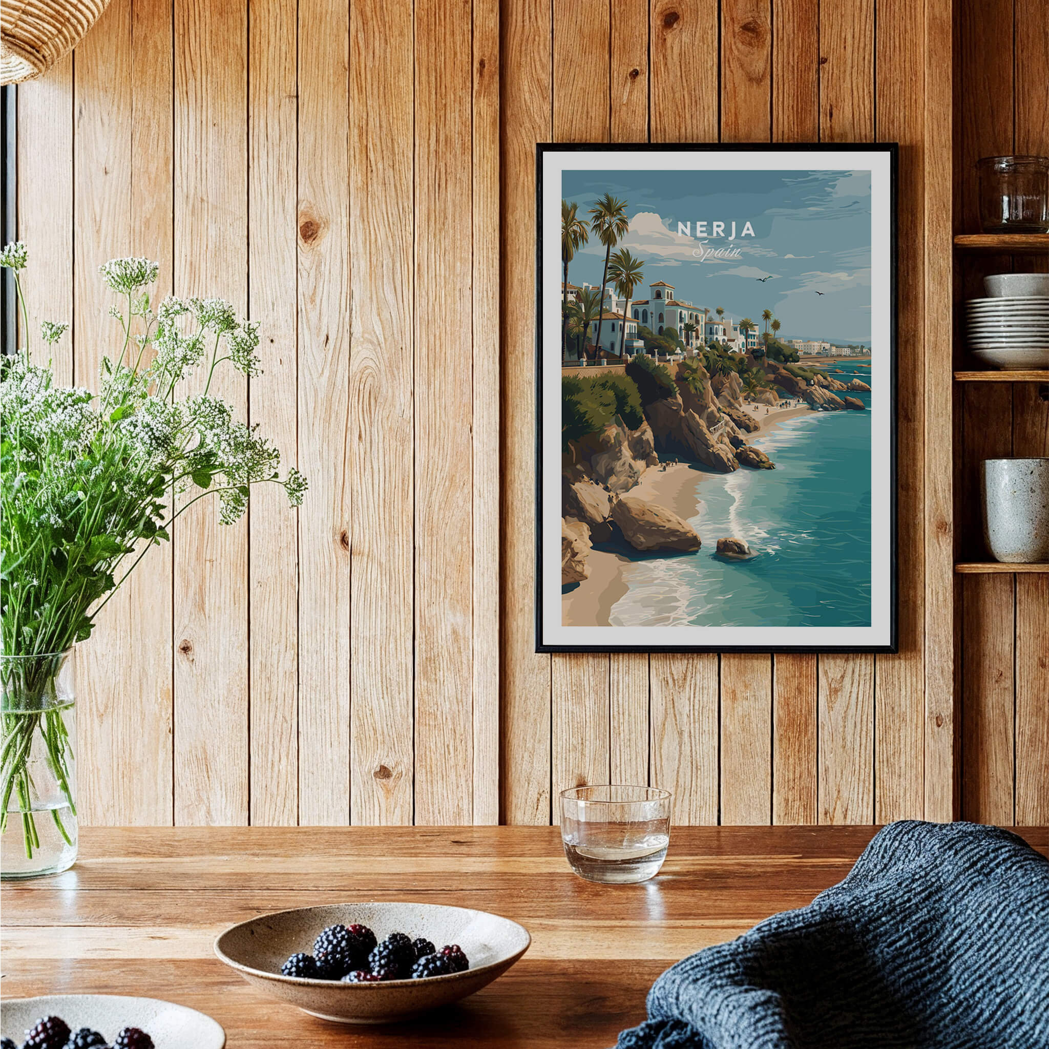 Nerja Spain Wall Art Print | Mediterranean Travel Poster showcasing coastal cliffs and turquoise waters in a stylish interior.