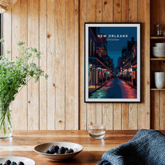 New Orleans Travel Poster | Bourbon Street Night Wall Art Print displayed in a stylish interior featuring wood decor.