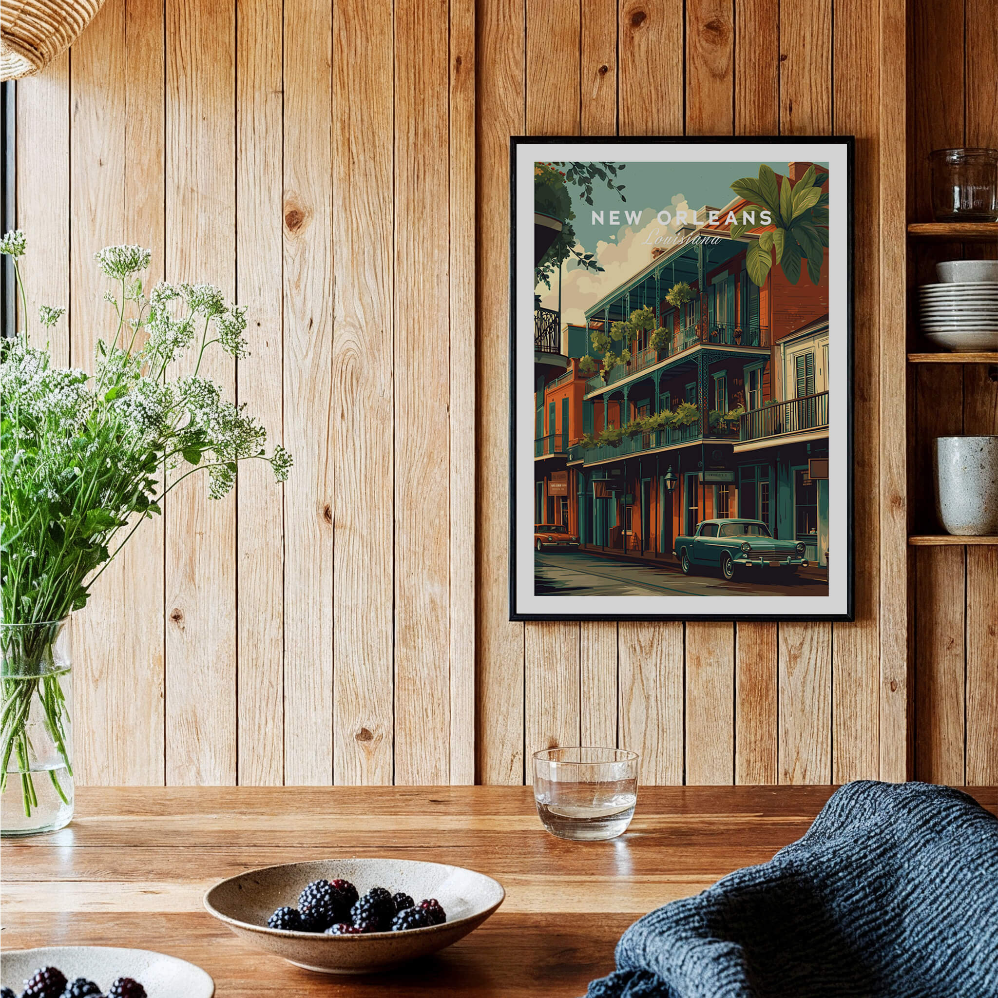 New Orleans Wall Art Print | French Quarter Balcony Travel Poster featuring wrought-iron balconies and colonial architecture.