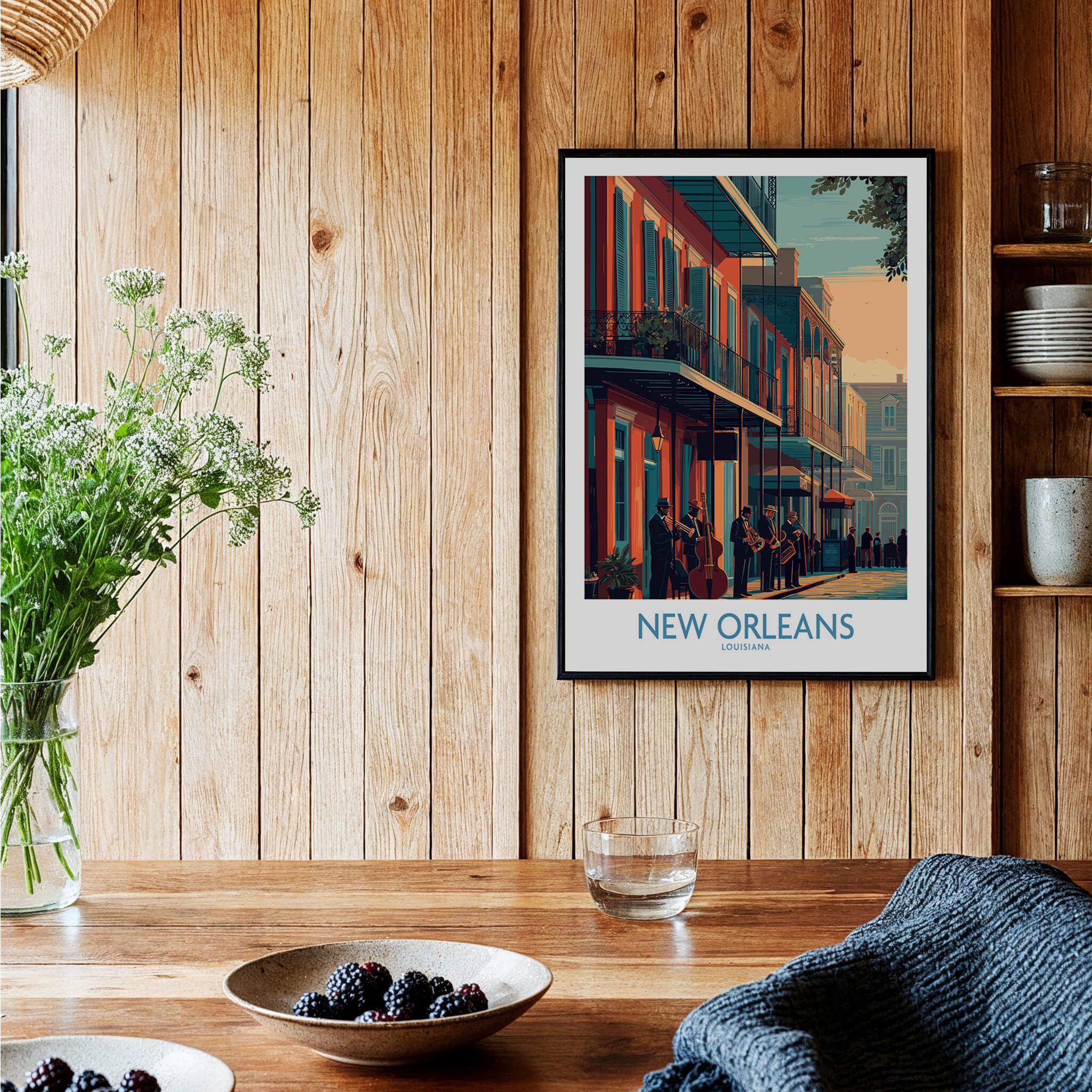 New Orleans Canvas Print | Musical Heritage Cityscape Poster showcased in a cozy wooden interior with plants and bowls of berries.