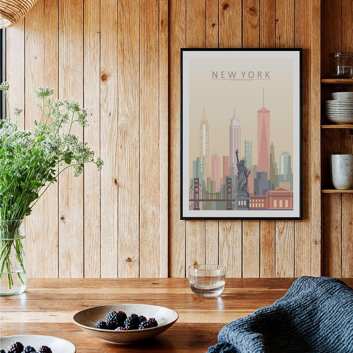 New York City Skyline Print | Wall Art displayed in a cozy interior with pastel colors and iconic landmarks.