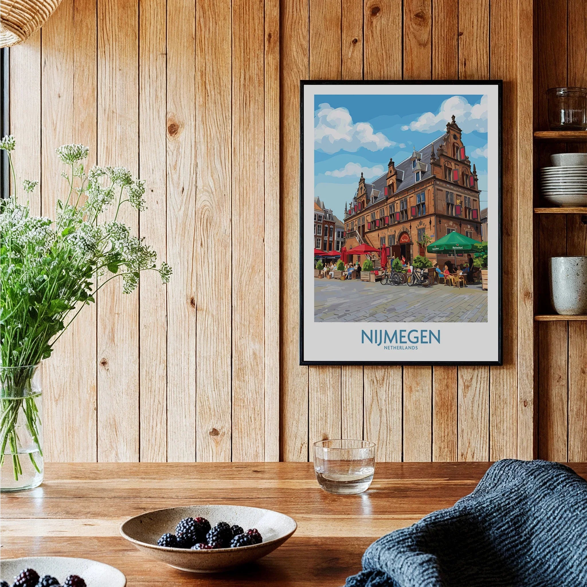 Nijmegen Netherlands travel poster art print in black frame, modern rustic kitchen decor