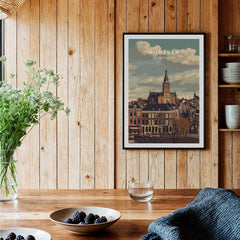 Nijmegen Netherlands travel poster framed on wood wall in cozy kitchen decor setting