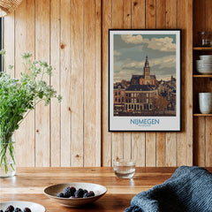 Nijmegen Netherlands art print in black frame on wooden kitchen wall, cozy decor setting