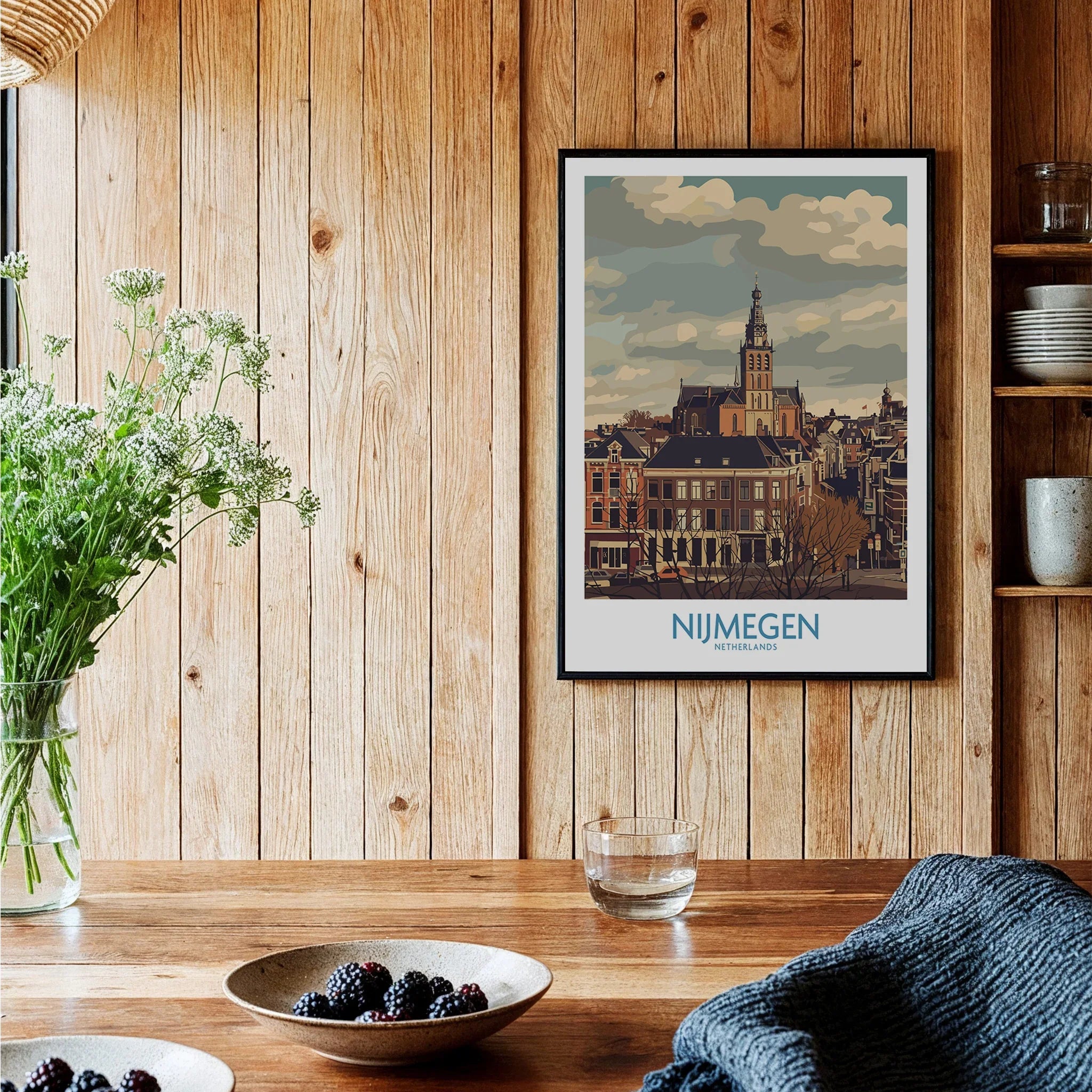 Nijmegen Netherlands art print in black frame on wooden kitchen wall, cozy decor setting