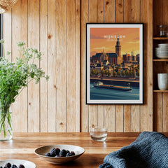 Framed Nijmegen Netherlands travel poster on wood wall in cozy kitchen decor setting