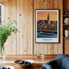 Nijmegen Netherlands travel poster art print with city skyline in a rustic kitchen setting