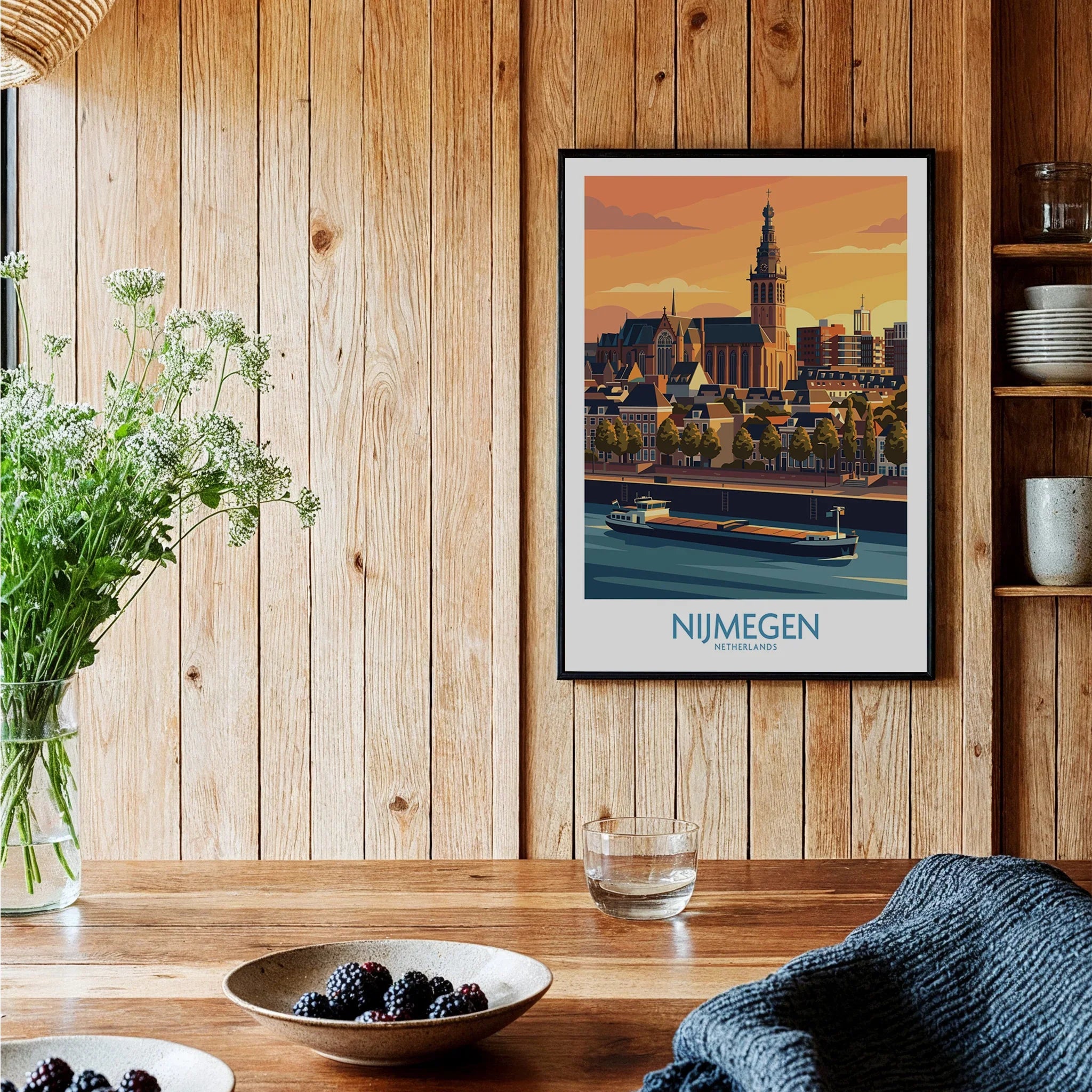 Nijmegen Netherlands travel poster art print with city skyline in a rustic kitchen setting