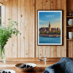 Nijmegen Netherlands travel poster in black frame on wooden kitchen wall, modern home decor