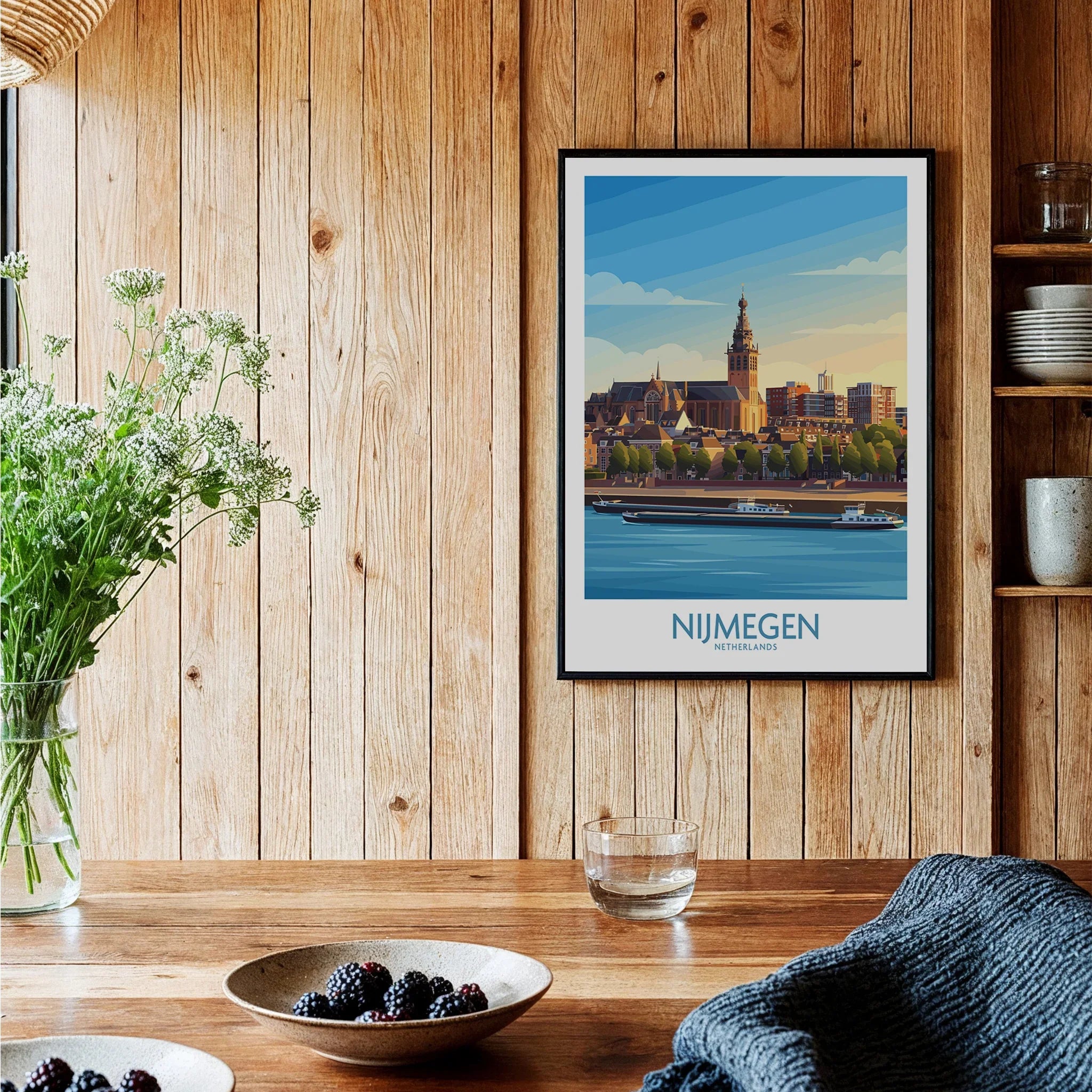 Nijmegen Netherlands travel poster framed wall art in rustic kitchen setting