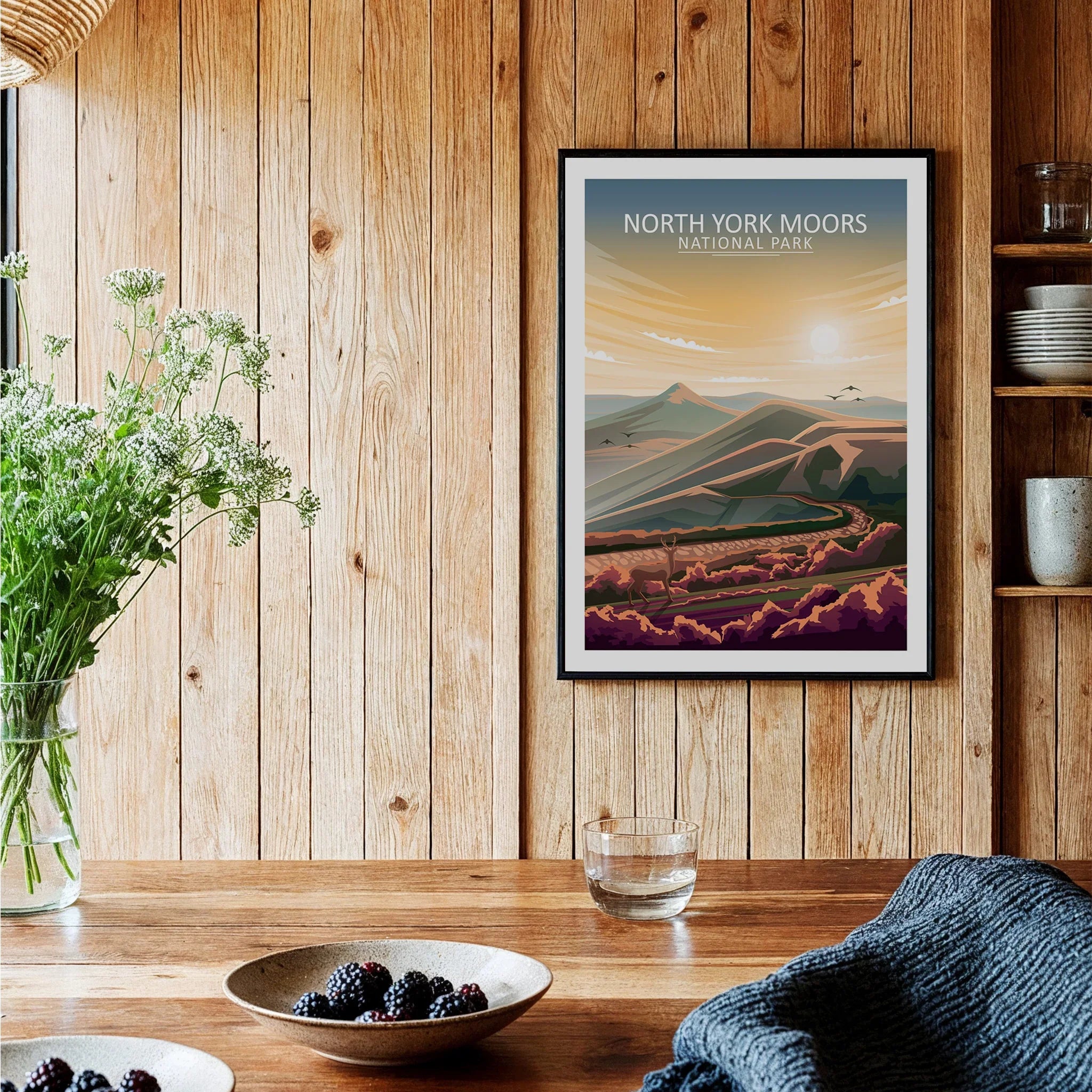 North York Moors National Park art print in black frame, kitchen wall decor