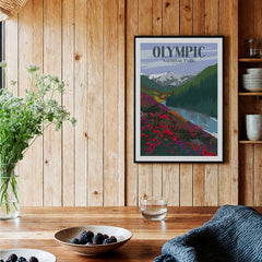 Olympic National Park art print with mountains and wildflowers in rustic kitchen setting