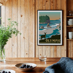 Olympic National Park art print in black frame on wood kitchen wall with rustic decor