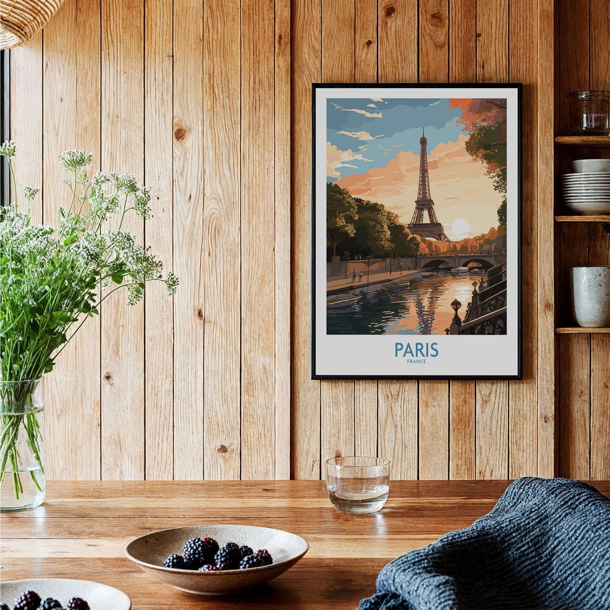 Paris Art Print featuring a vibrant sunset and the Eiffel Tower, displayed in a stylish home setting.