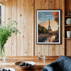 Paris Print showcasing the Eiffel Tower at sunset in a cozy interior setting with rustic wooden decor.