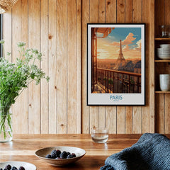 Paris Wall Art | Modern Style framed poster of Eiffel Tower against a sunset, bringing a Parisian feel to any space.