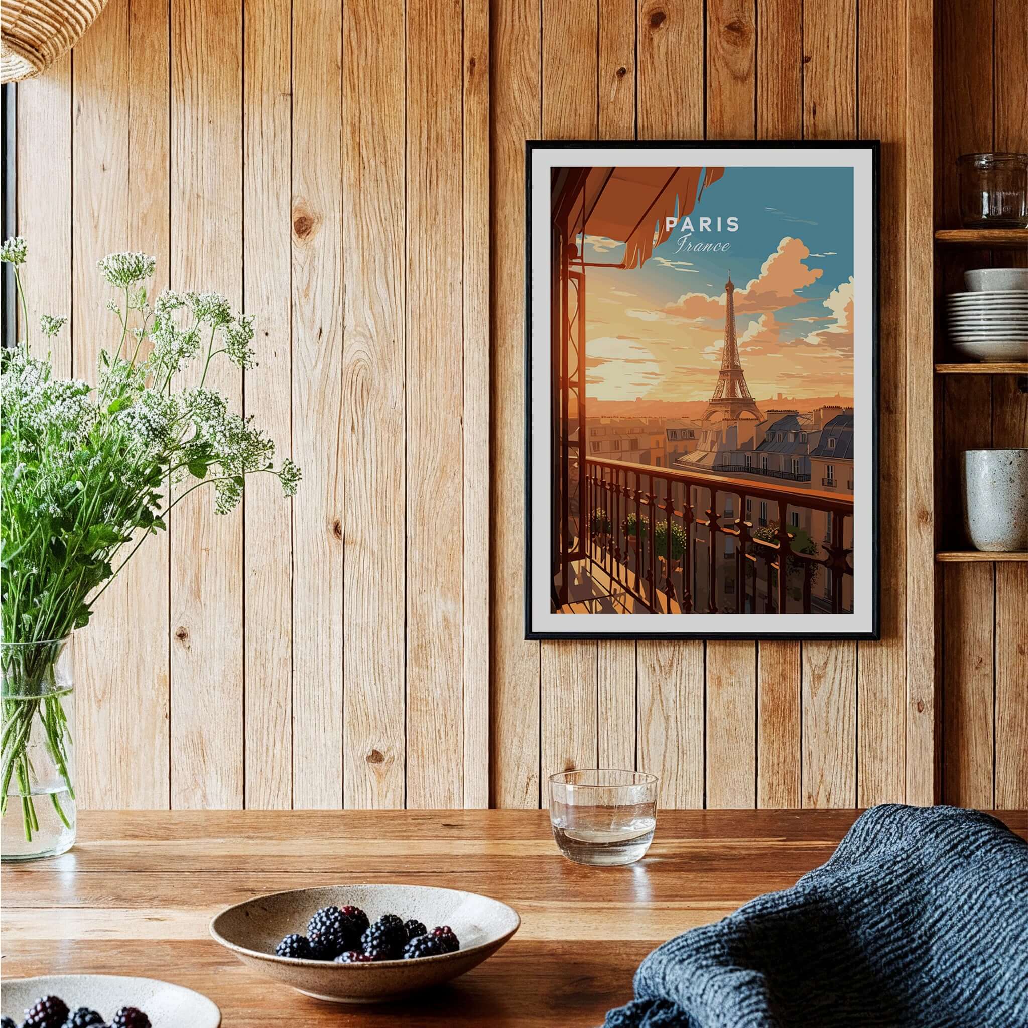 Paris Eiffel Tower Poster displayed in rustic kitchen with wooden walls and a beautiful view of the Eiffel Tower.