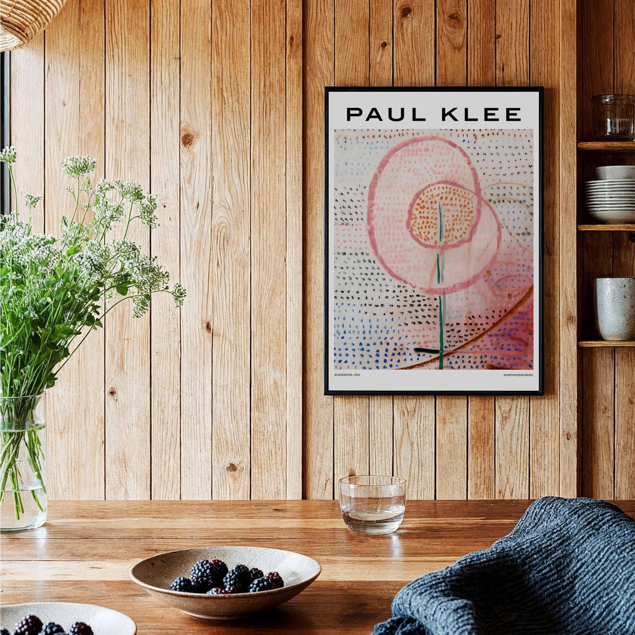 Paul Klee Blossoming Abstract Floral Modern Poster Art Print Decor displayed in a cozy interior with wooden walls.