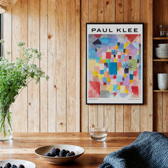 Paul Klee Southern Gardens Abstract Landscape Colorful Poster Art Print displayed in a cozy interior with wooden accents.