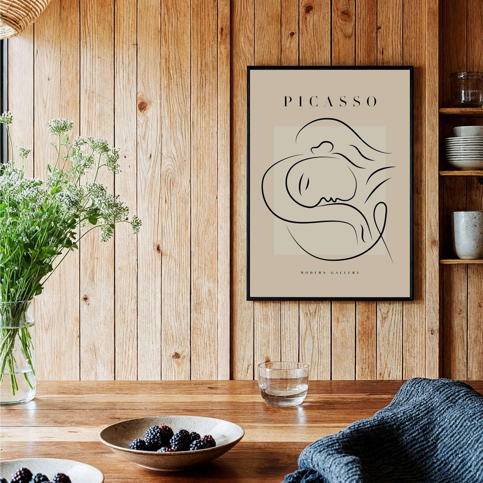 Picasso Line Art Reclining Sleeping Face Modern Gallery Poster Wall Art displayed in a cozy, rustic kitchen setting.