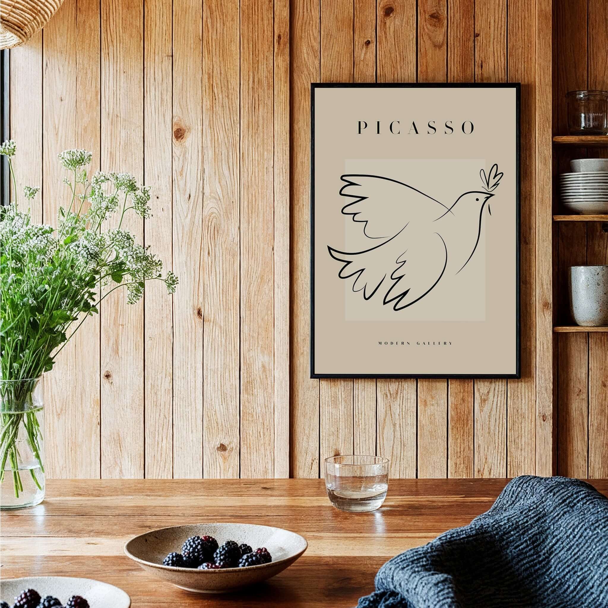 Picasso Dove of Peace Olive Branch Line Art Poster Modern Gallery Print displayed in a rustic interior with wooden walls.