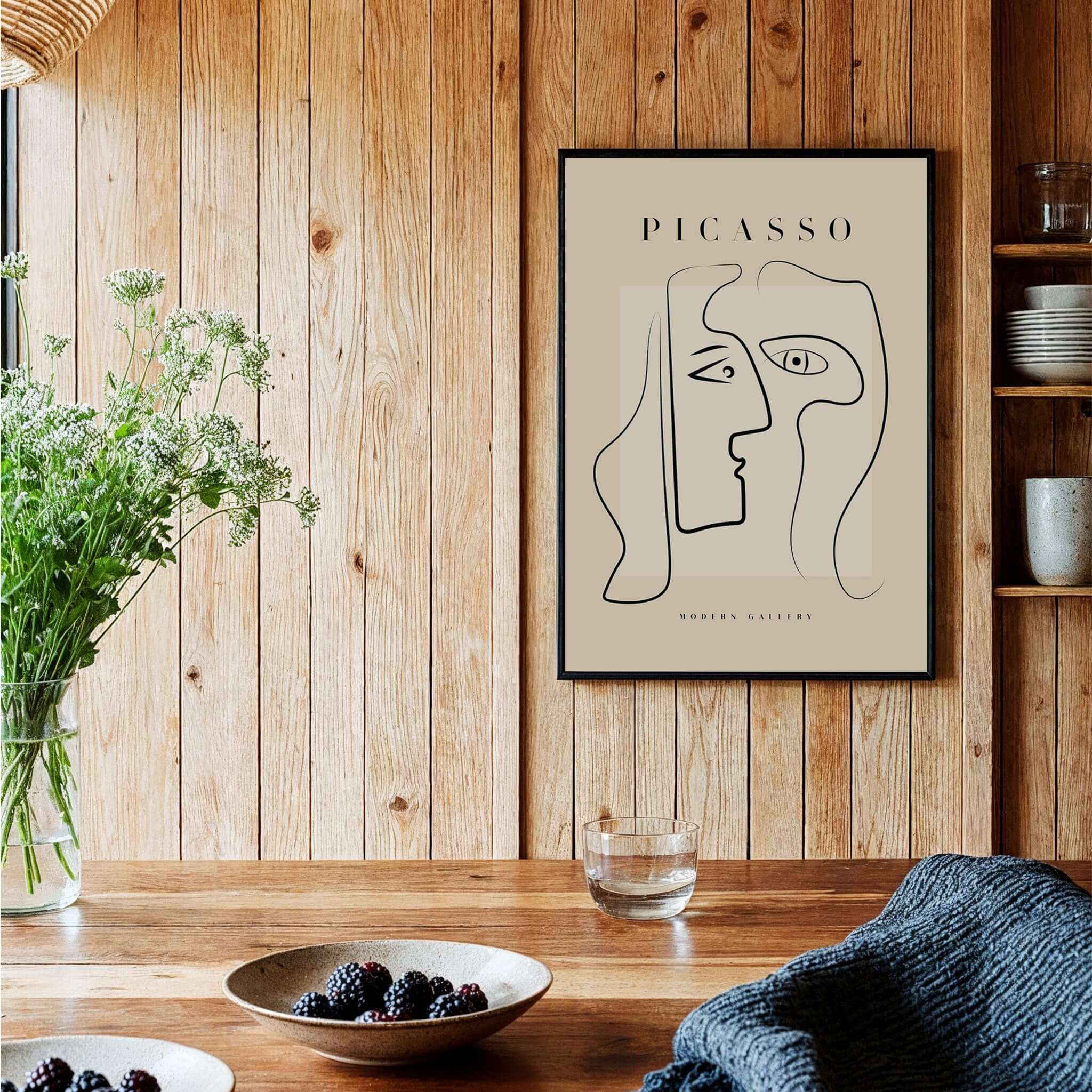 Picasso Two Faces Abstract Profiles Line Art Modern Gallery Poster Wall Art Print displayed on a wooden wall with plants.