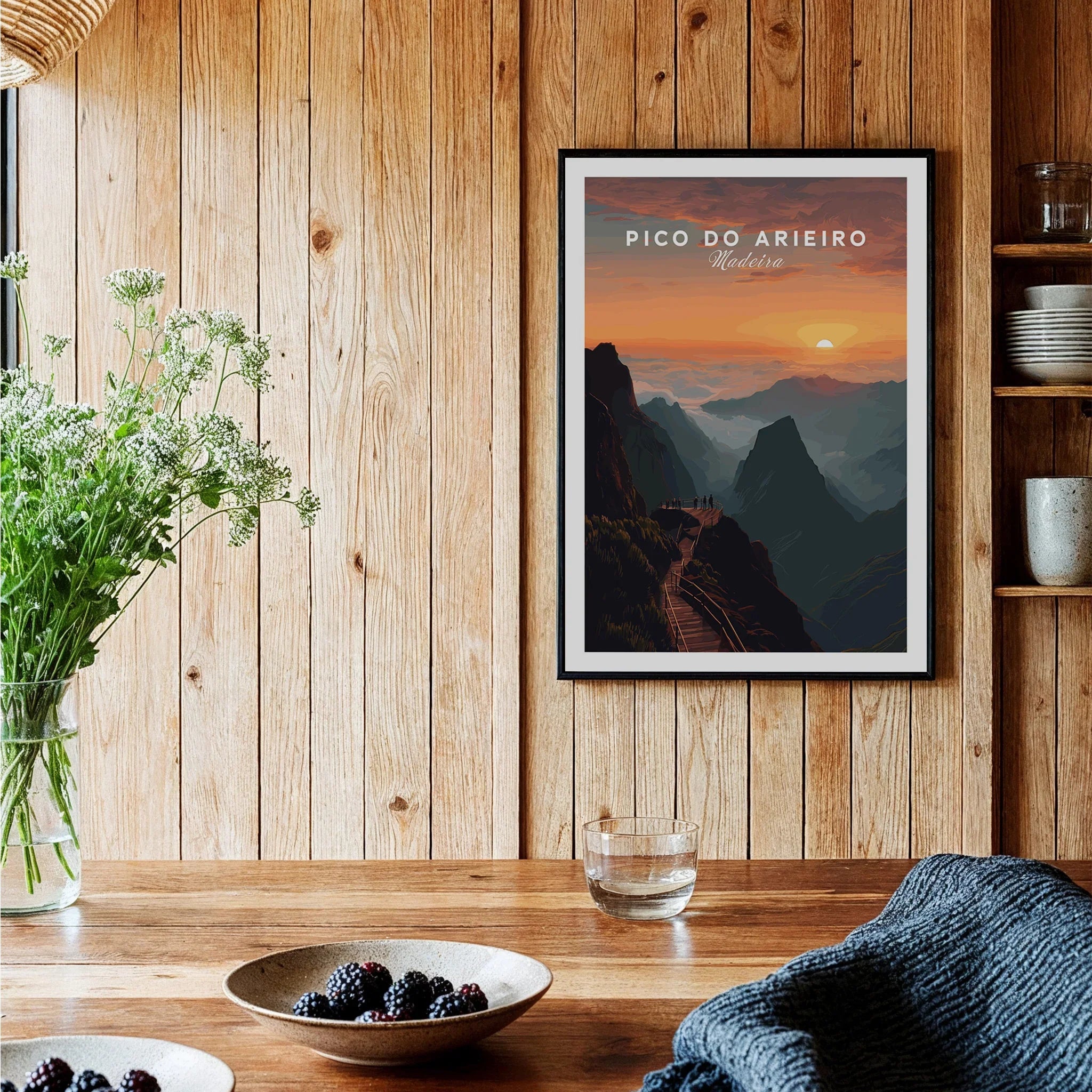 Framed Pico do Arieiro Madeira travel poster on wood kitchen wall with rustic decor