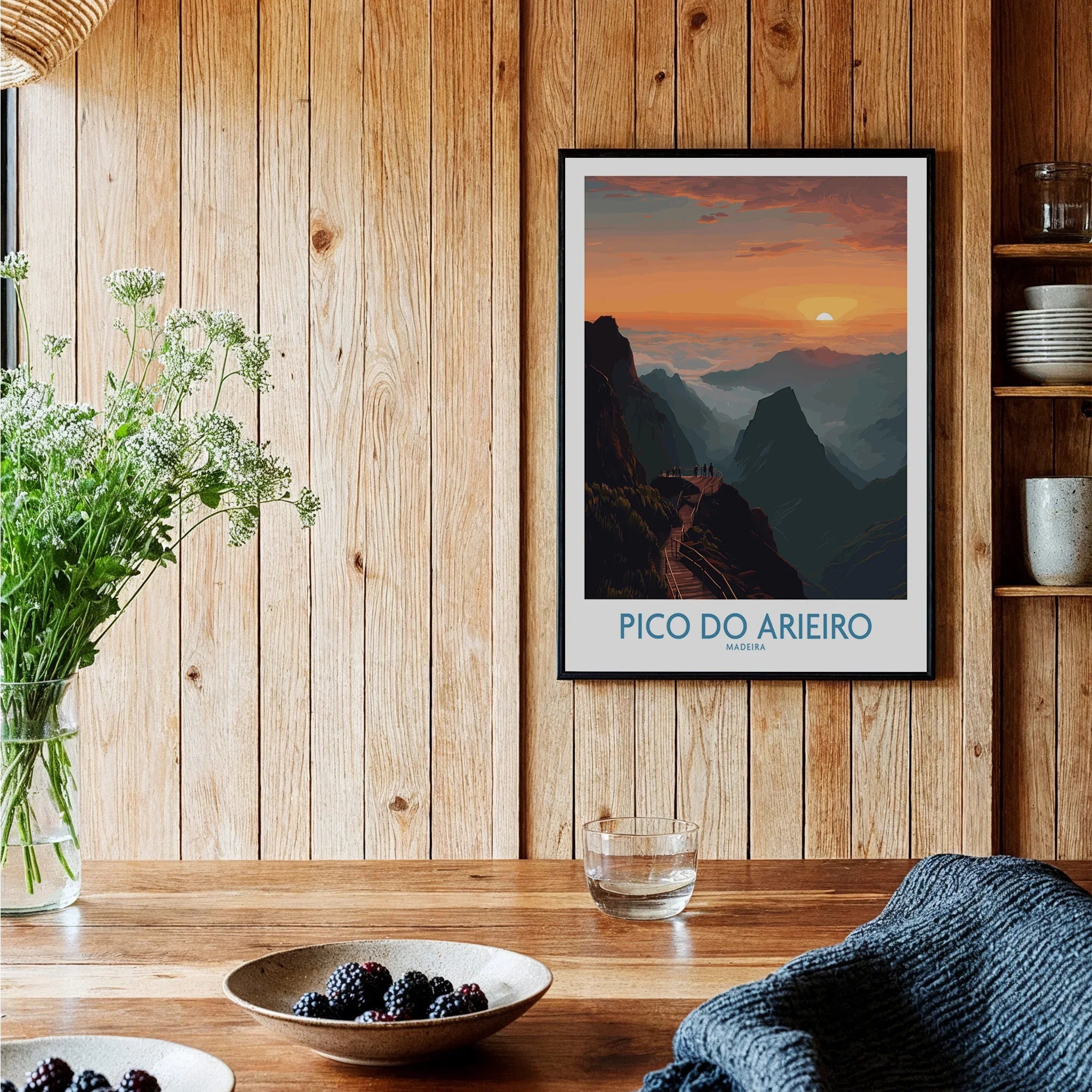 Framed Pico do Arieiro travel art print on wooden kitchen wall, rustic decor setting