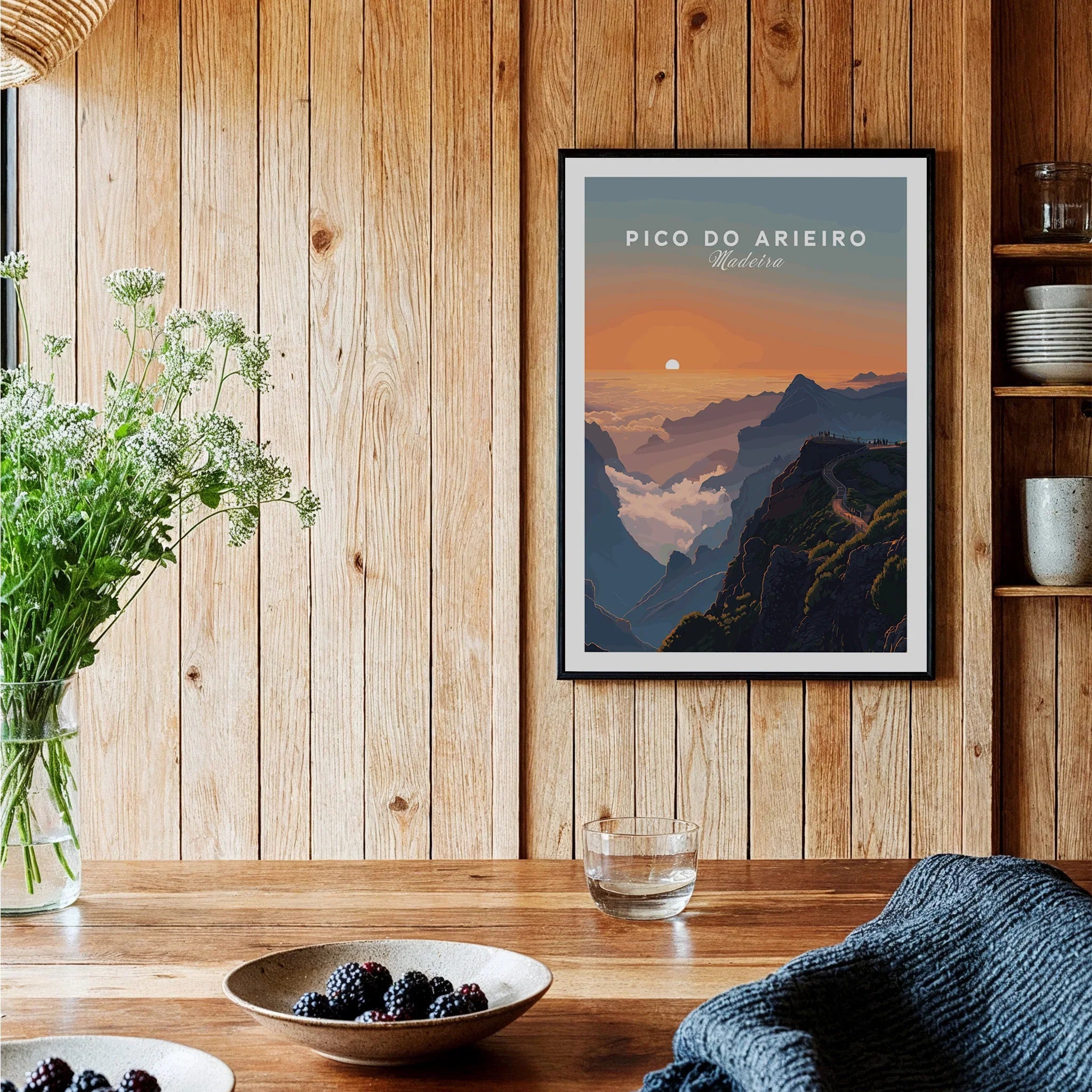 Framed Pico do Arieiro Madeira mountain art print in cozy wooden kitchen decor