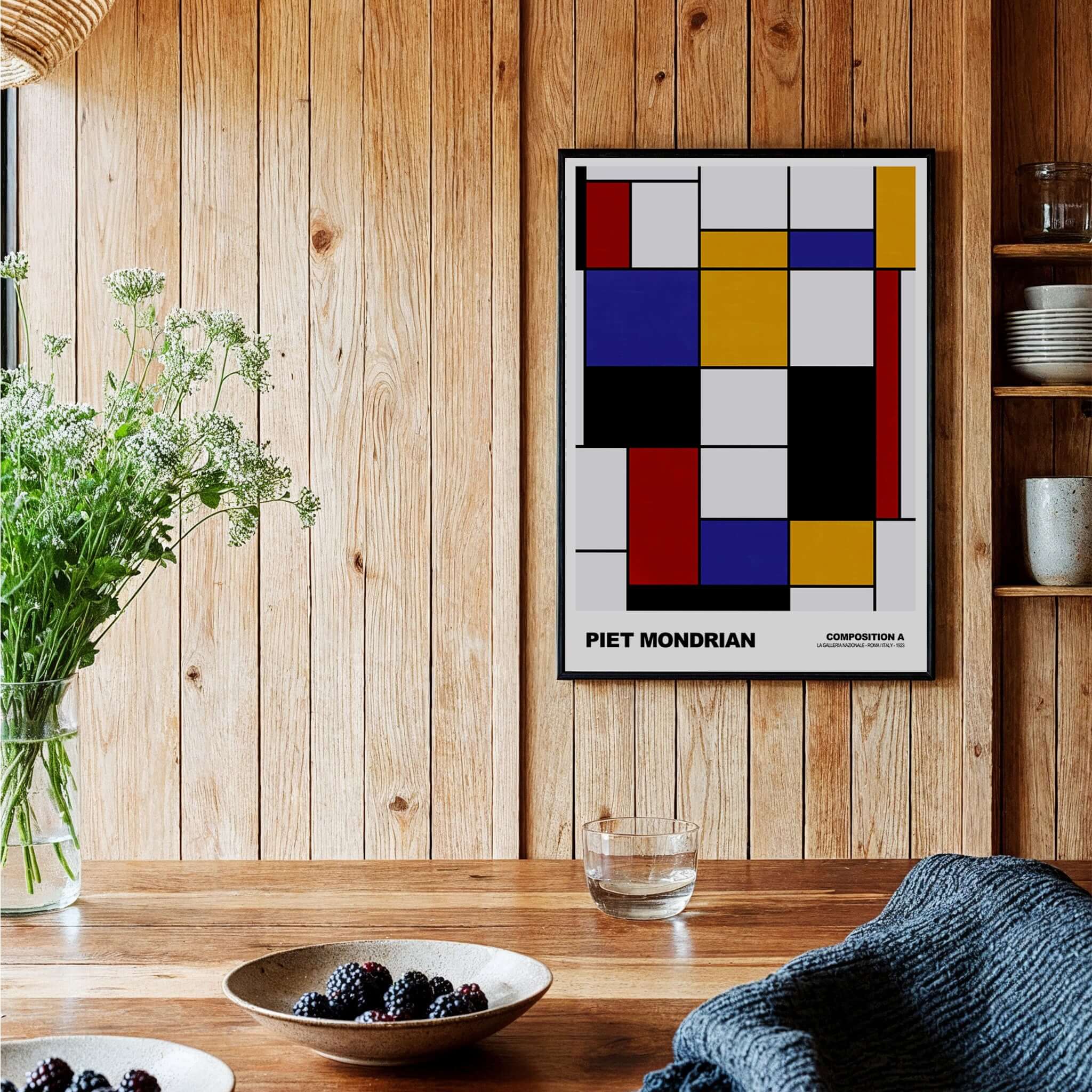 Piet Mondrian Composition A Geometric Abstract Art Print De Stijl Poster Wall Decor displayed in a cozy interior setting.