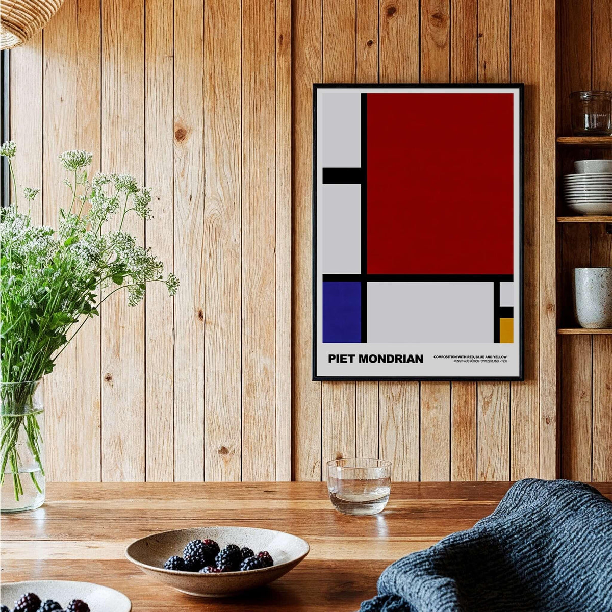 Piet Mondrian Composition Red Blue Yellow 1930 Abstract Art Print Poster Geometric displayed in a modern kitchen setting.