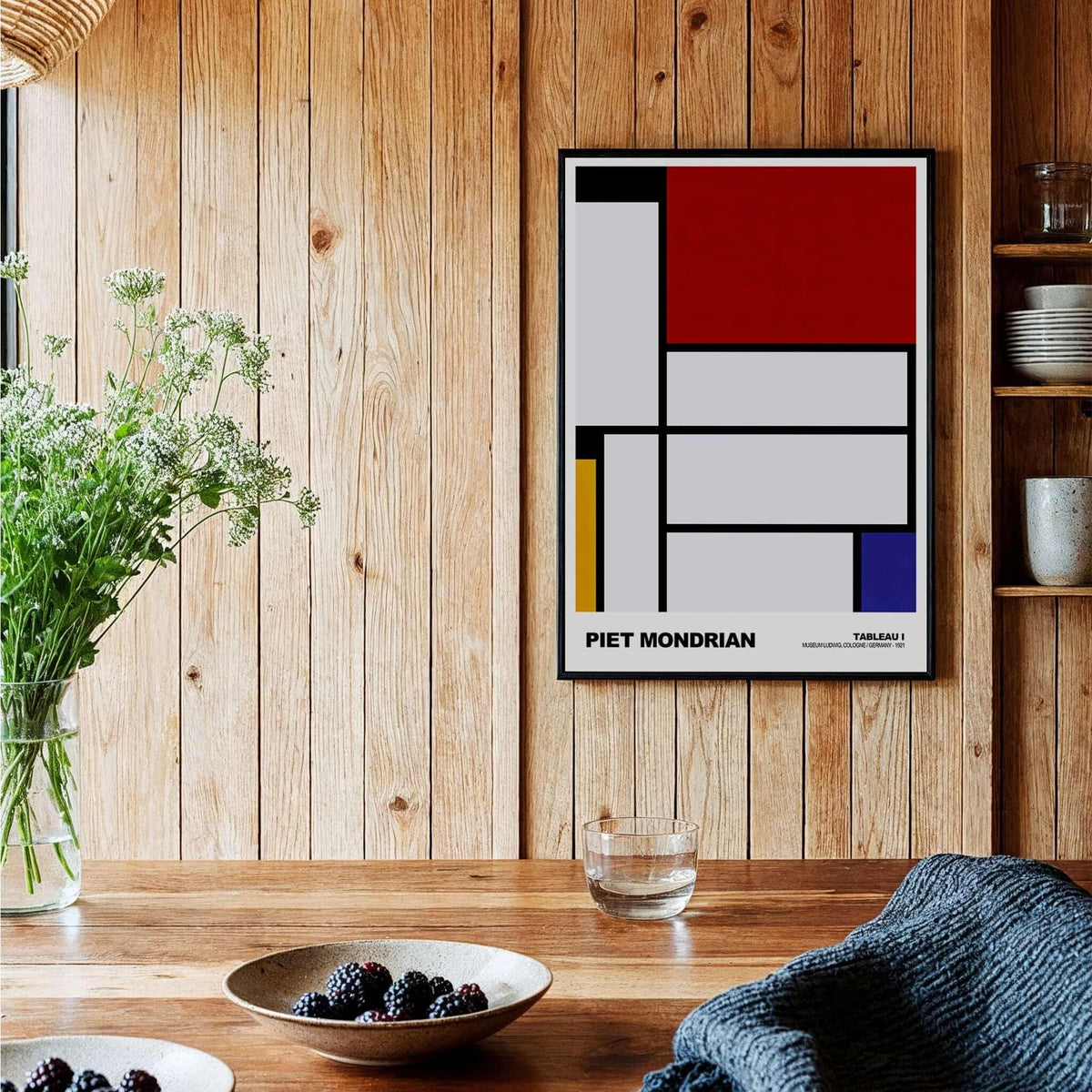 Piet Mondrian Tableau I 1921 De Stijl Abstract Geometric Poster Modern Art Print displayed in a wooden interior with plants.