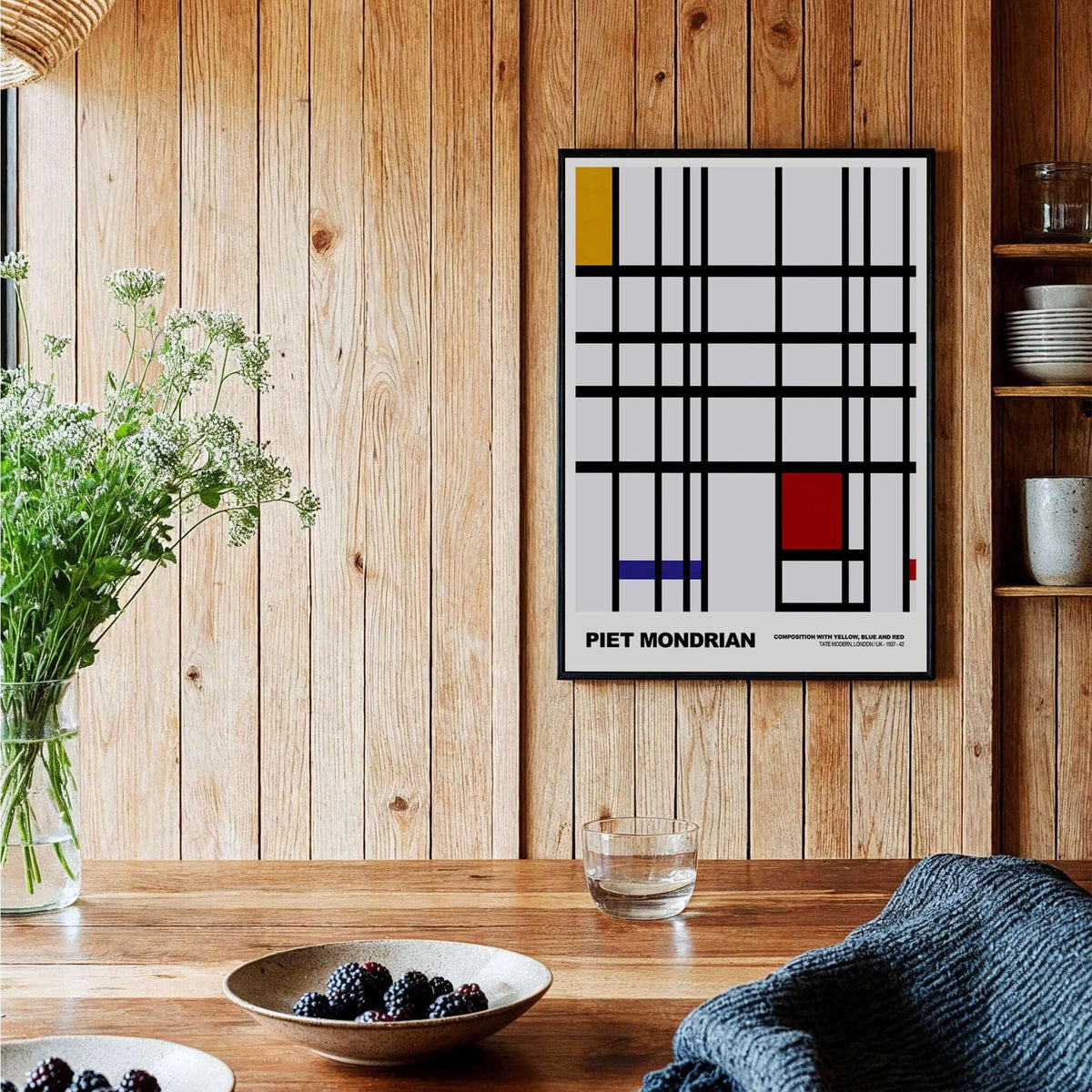 Piet Mondrian Composition Yellow Blue Red 1937 Abstract Grid Art Print Poster Lines displayed in a modern interior setting.