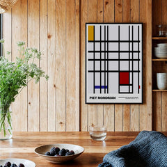 Piet Mondrian Composition Yellow Blue Red 1937 Abstract Grid Art Print Poster Lines displayed in a modern interior setting.