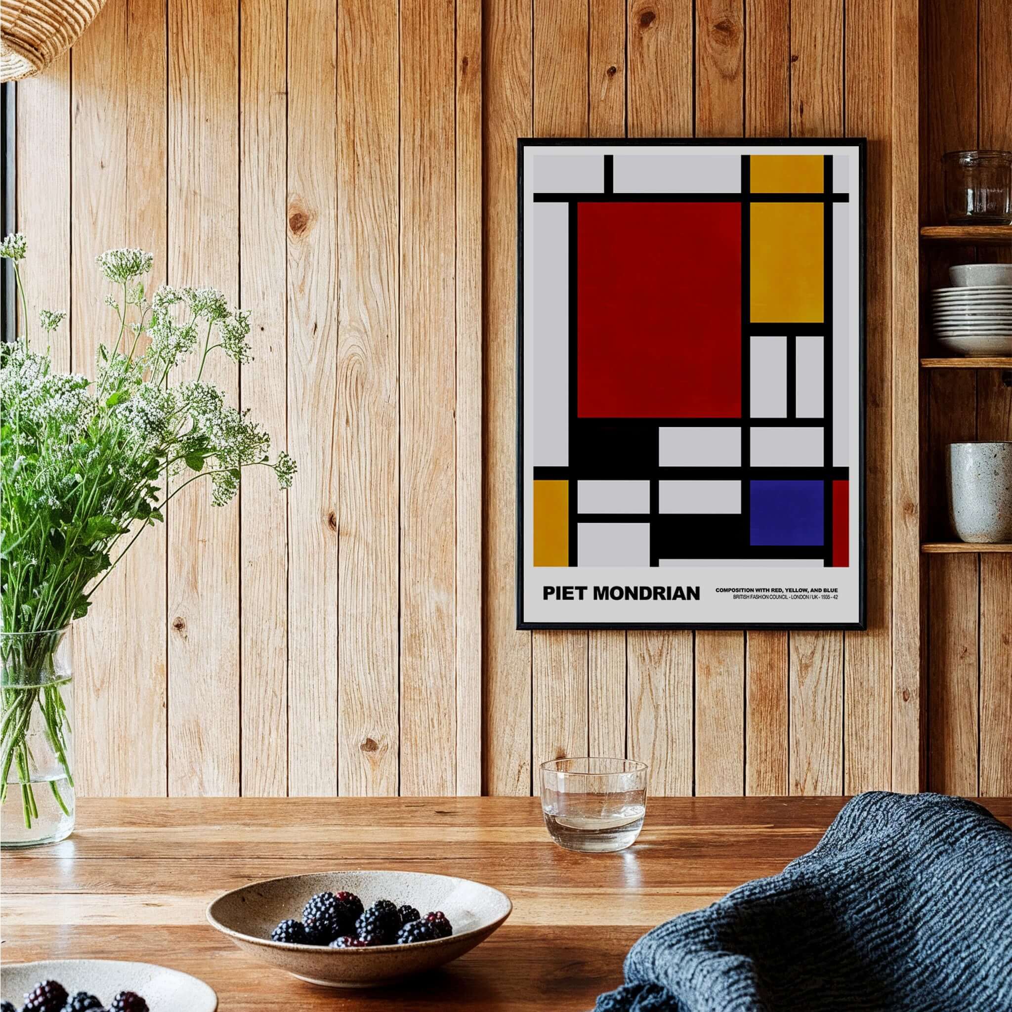 Piet Mondrian Composition Red Yellow Blue 1939 De Stijl Poster Geometric Abstract Print displayed in a cozy interior.
