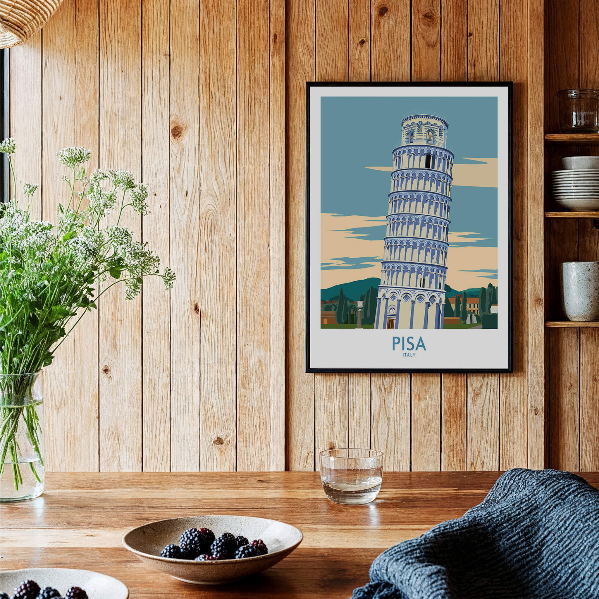 Pisa Wall Art Print | Italy Travel Poster featuring the iconic leaning tower in a cozy home setting.