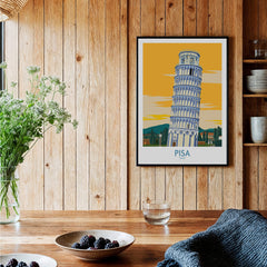 Pisa Tower Italy Print showcasing the iconic leaning tower in a stylish interior setting with wooden elements.